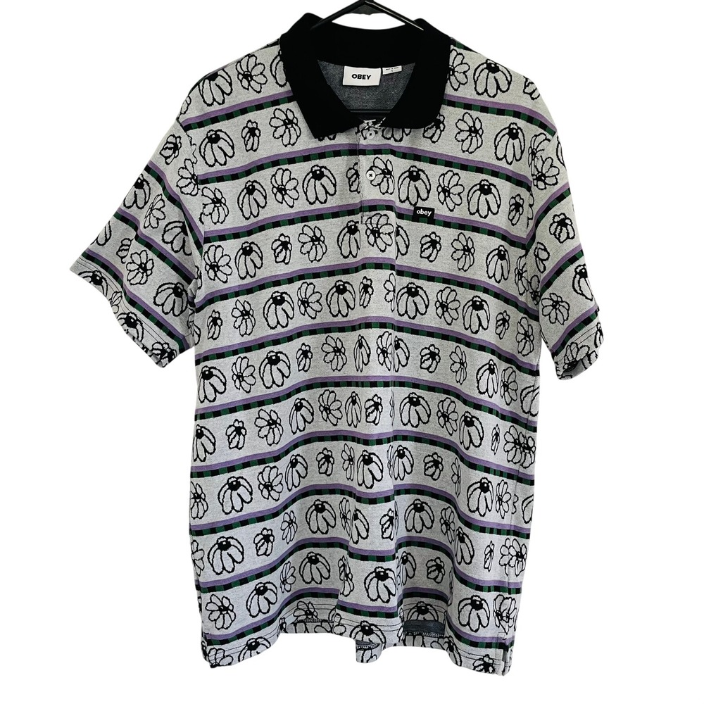 Obey Propaganda Polo Shirt Gray Floral Stripe Short Sleeve Mens Large Streetwear